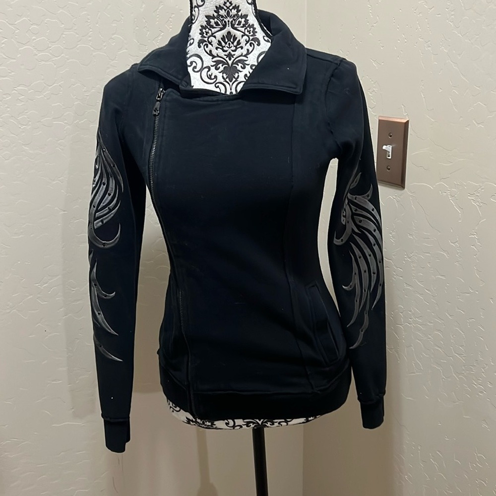 Sinful Moto Jacket Full Zip Embellished Graphic Black Jacket Size Small
